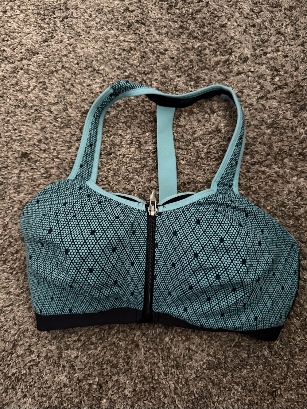 Front-Zip Teal Patterned High-Impact Sports Bra